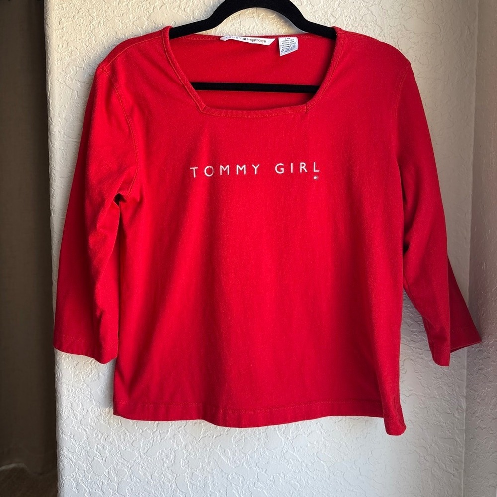 Tommy Hilfiger Girl Women L Top‎ Red Vintage 90s Cotton Square Neck 3/4 Sleeve